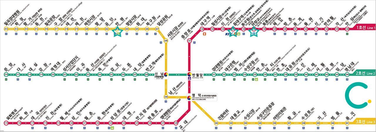 Daegu Metro Subway map showcasing major lines with stations like Seomun Market and Dongdaegu, linking key KTX stations and bus terminals for easy navigation across Daegu.